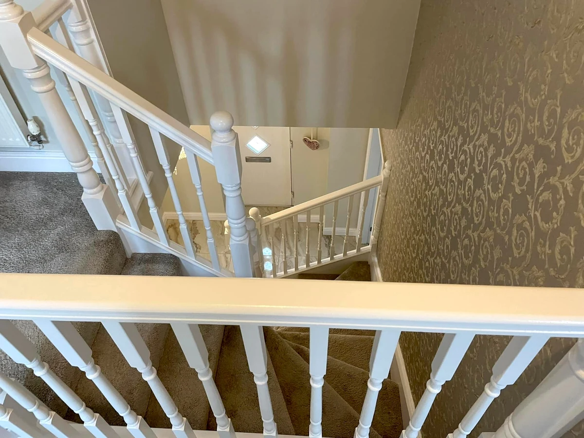 hallway-painting-gold-beige-damask-wallpaper-staircase-swansea-daffodil-decor-1 hallway painting gold beige damask wallpaper staircase swansea daffodil decor 1