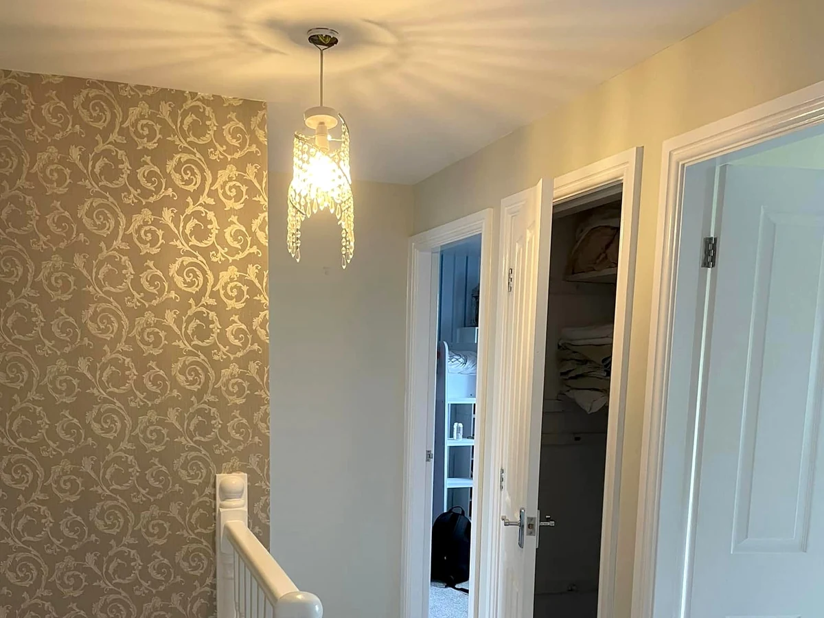 hallway painting gold damask wallpaper landing swansea daffodil decor 2