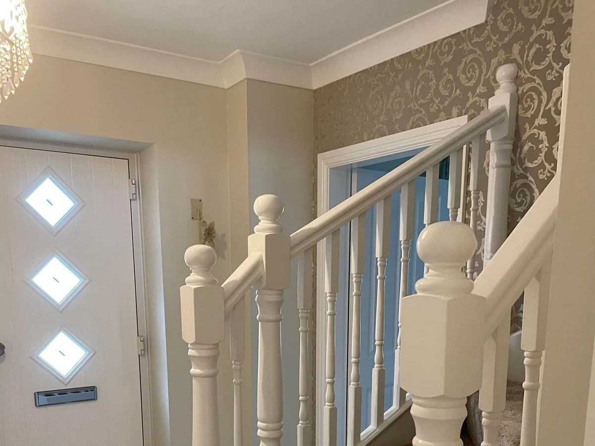 Hallway Painting Wallpapered Landing Painted White Banisters Swansea Daffodil Decor hallway painting wallpapered landing painted white banisters swansea daffodil decor 1