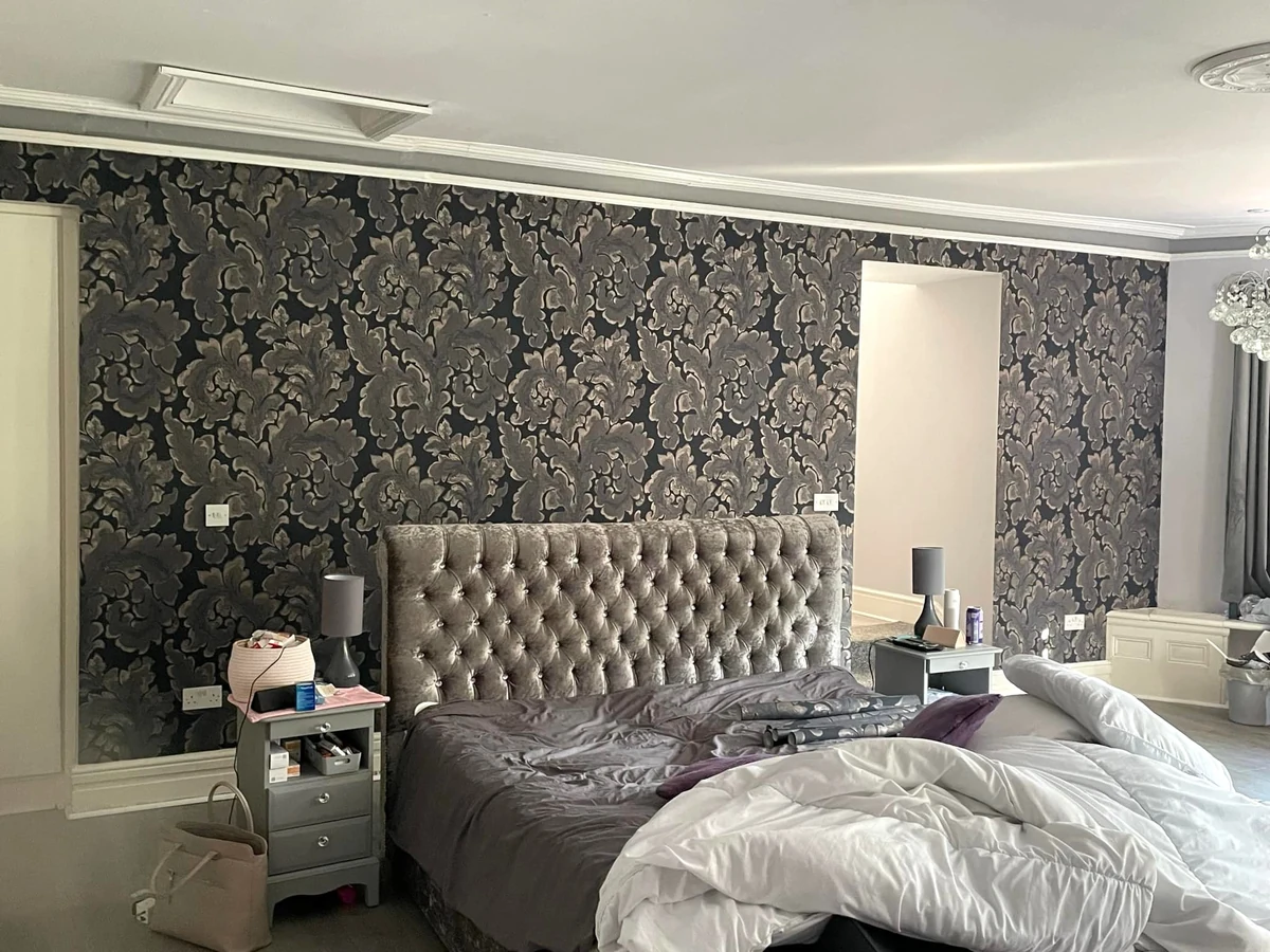 wallpapering dark floral feature wall bedroom swansea daffodil decor 5
